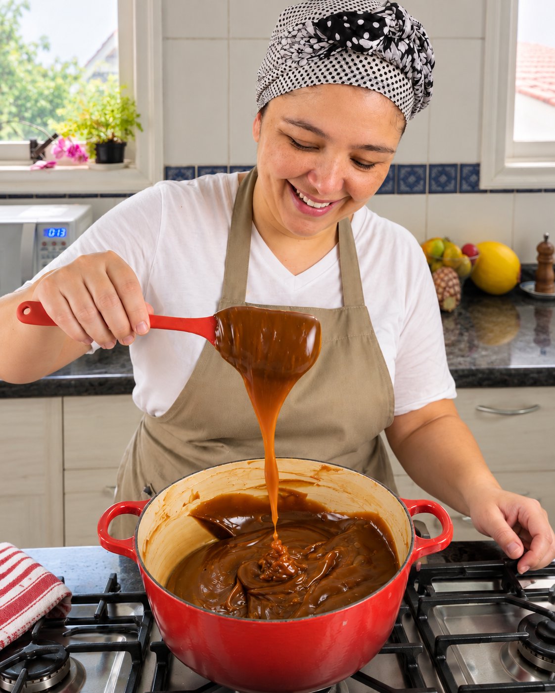 Lara con el dulce de leche sin leche, en su cocina